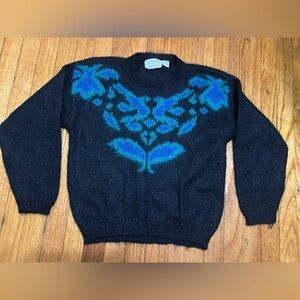 Vintage 80's Autograph American Clothing Black Green Floral Knit Sweater